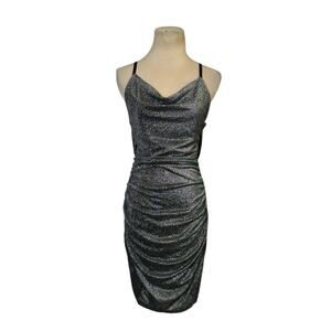 BCX Metallic Silver Cowlneck Party Bodycon Mini Dress size Medium